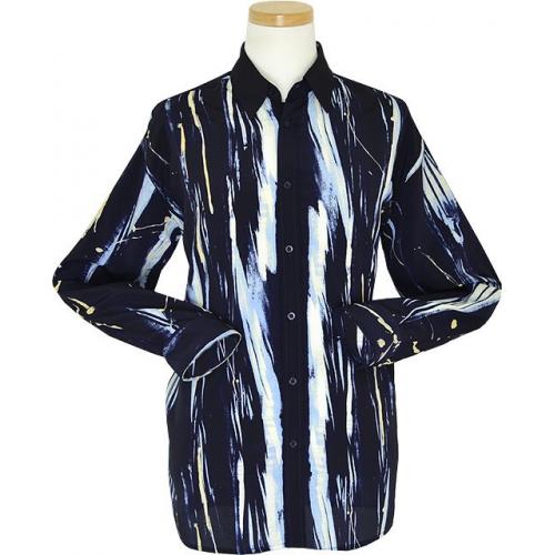 Bassiri Navy Blue / Beige / White / Sky Blue Artistic Design Microfiber Long Sleeves Shirt #4830
